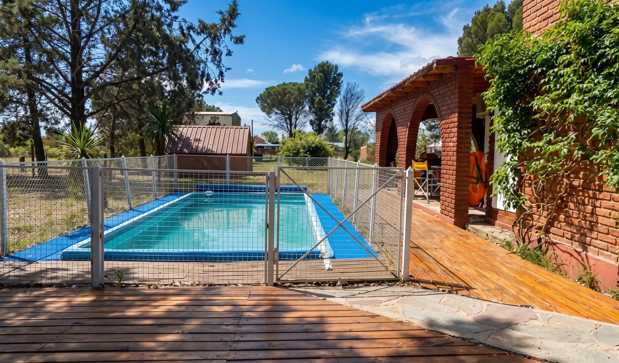 Pileta con cerco de seguridad, deck de madera y la galería de ladrillo con arcos.