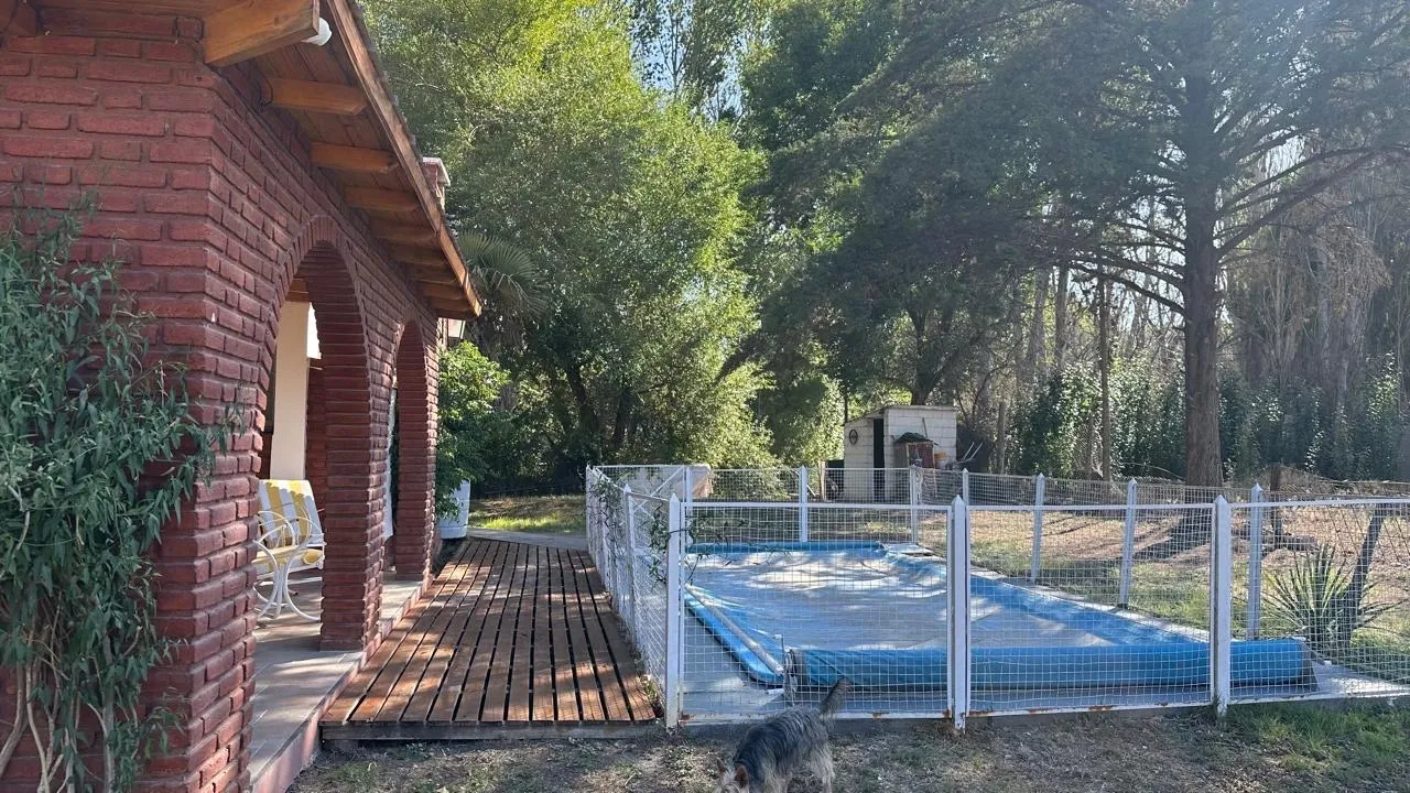 Deck de madera junto a los arcos de la galería y la pileta con cerco de seguridad, entre árboles.